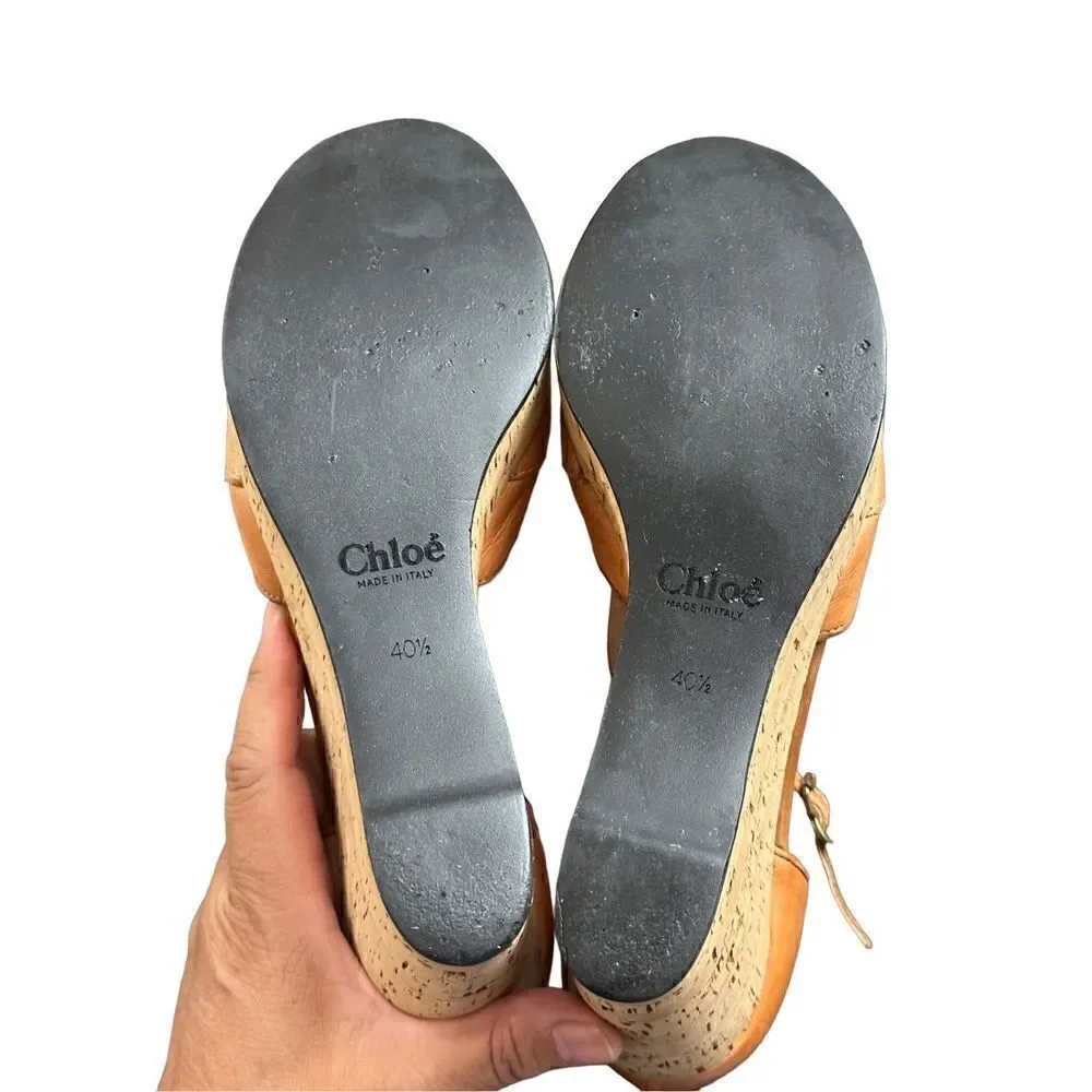 CHLOE Tan Cork Wedge Sandals